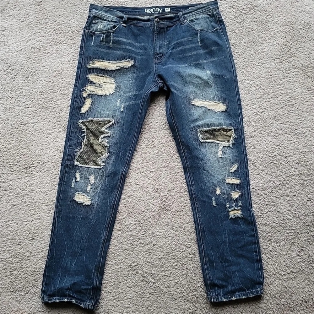 Born Fly Jeans Men 40 Blue Denim Cotton Streetwear Grunge Distressed Embellished